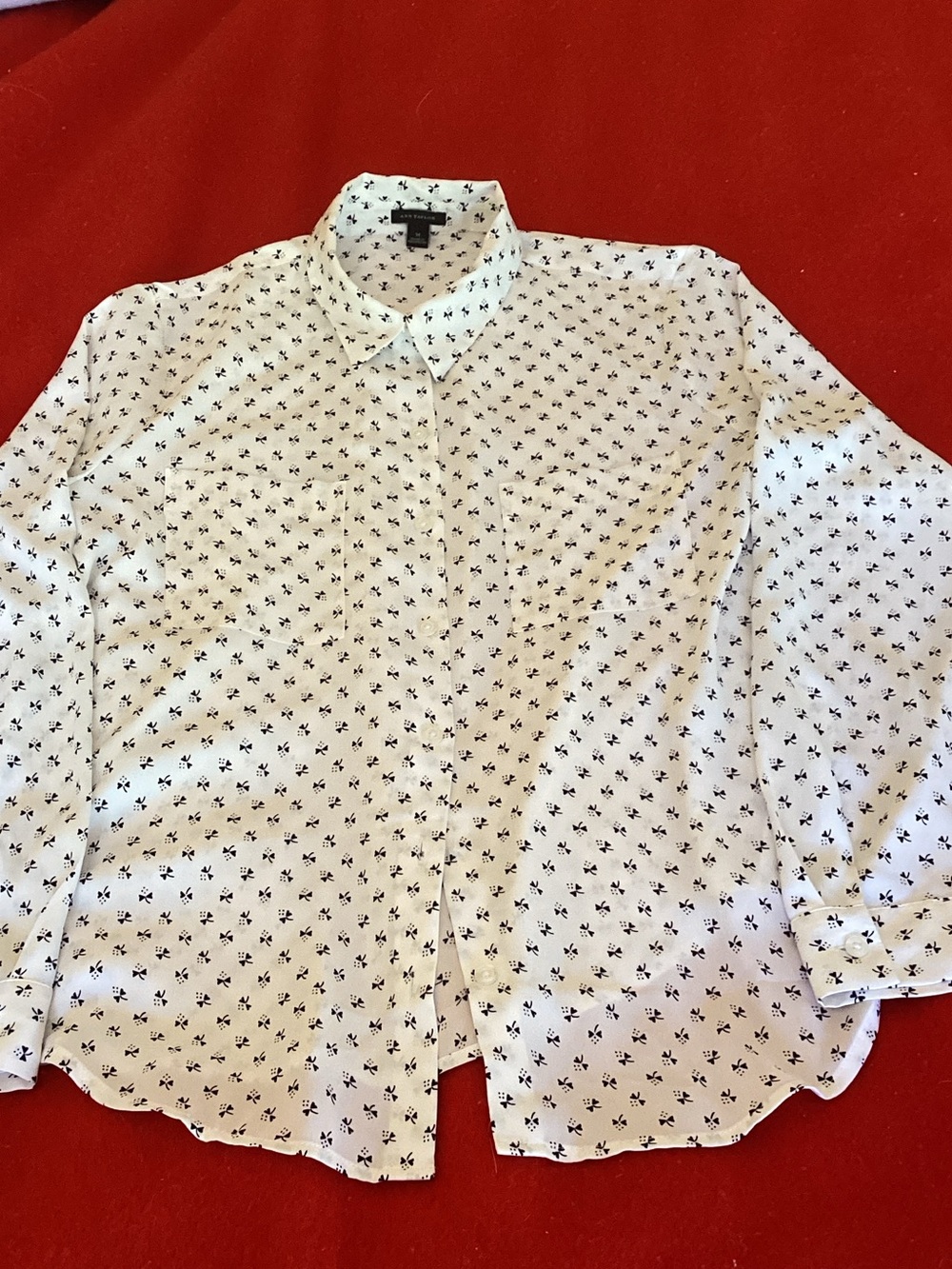 Ann Taylor White Button-Up Shirt with Black Micro Print